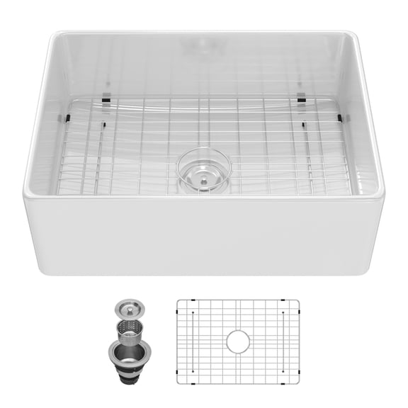 LOGMEY 28" White Ceramic Farmhouse Sink - Rounded Corners, Undermount Installation, Grid & Strainer Included, Quiet Design