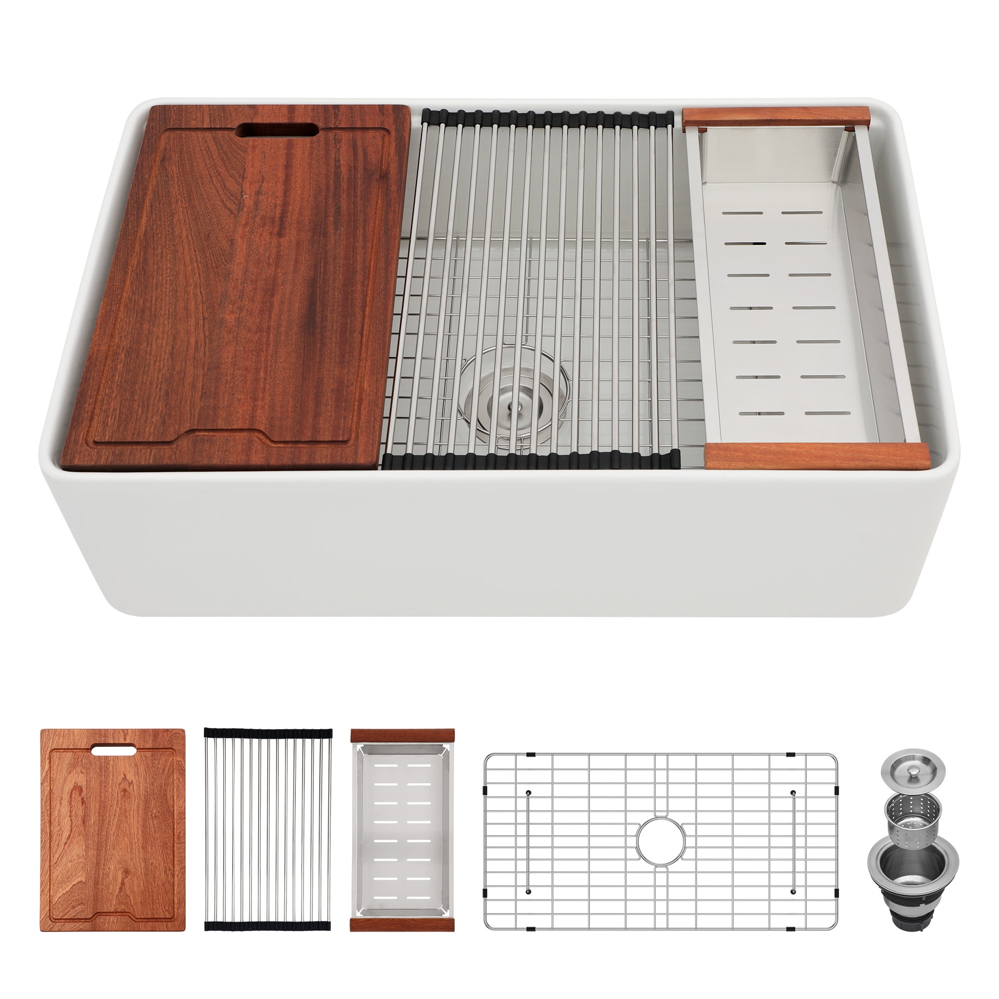 LOGMEY 33"x20" White Ceramic Farmhouse Workstation Kitchen Sink - Single Bowl, 3.5" Drain, Accessories Included (Cutting Board, Colander, Drying Rack)