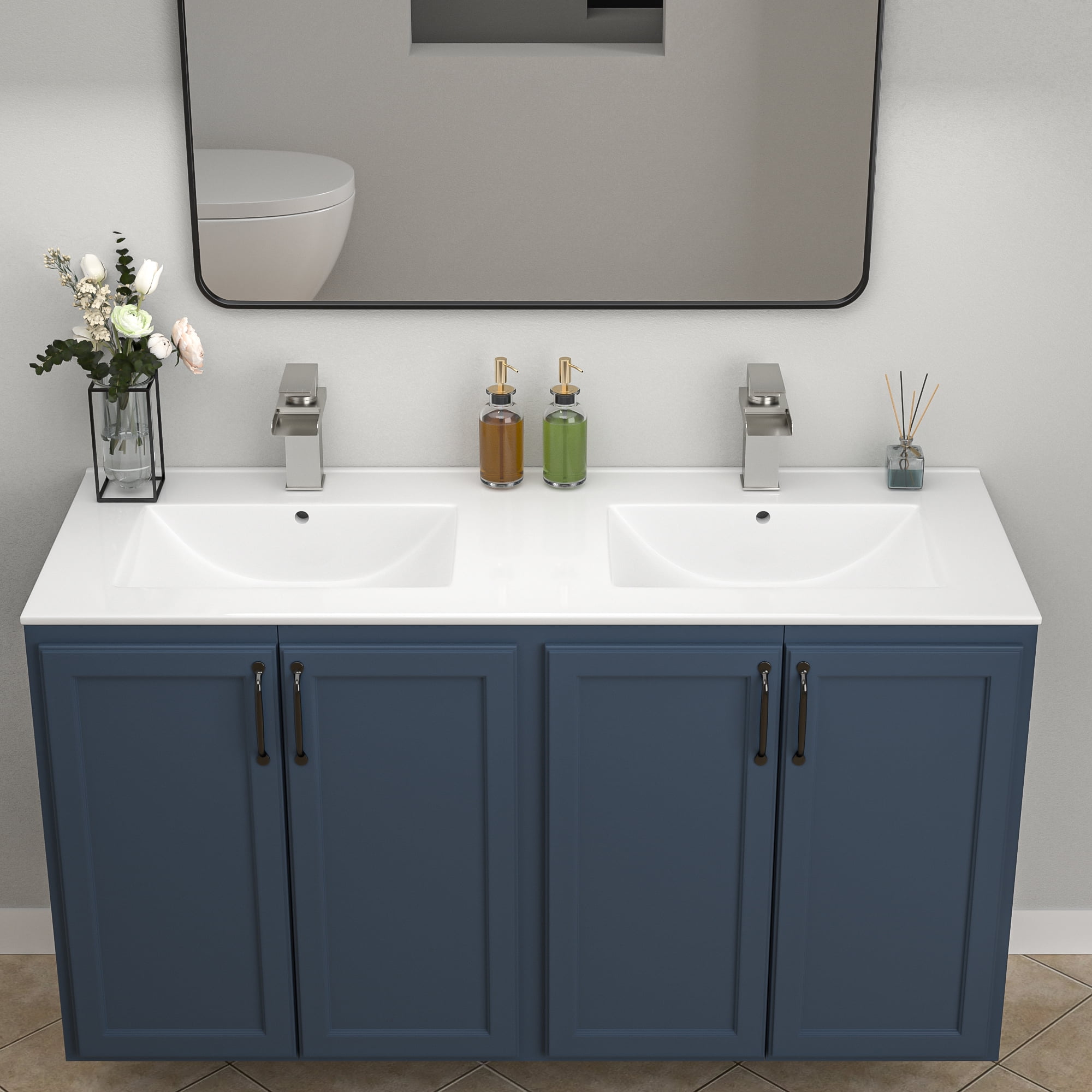 LOGMEY 48" White Ceramic Double Basin Vessel Sink - Above Counter with 2 Faucet Holes & Drip-Free Edge