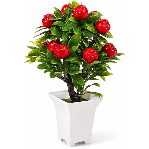 LOGOFUN Artificial Apple Tree Potted Plant Simulation Fruit with Pot Fake Bonsai for Home Office Tabletop Decorations - 12.85x7.86x5.9 Inch
