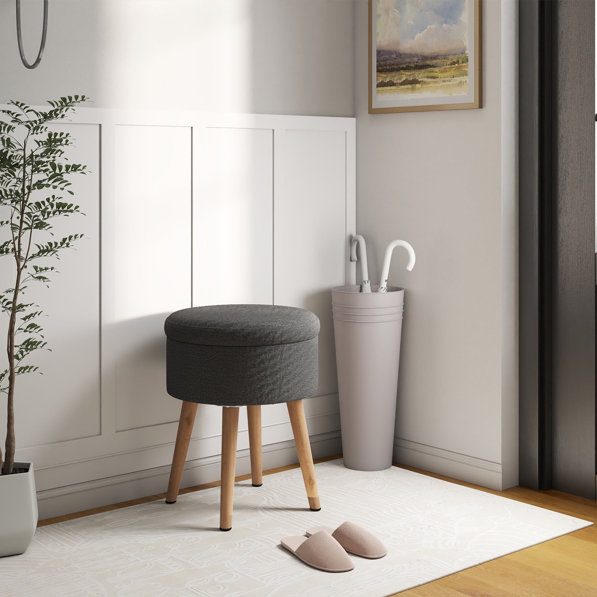 LOGYAT 14" Round Ottoman with Storage, Ottoman Foot Rest with Wood Legs, Linen Round Vanity Stool, Modern Upholstered Foot Stool for Living Room and Bedroom, Dark Gray