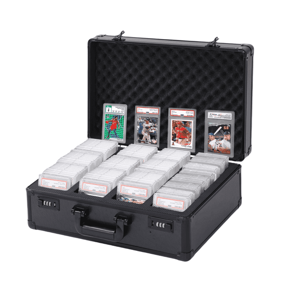 LOGYAT 160+ Capacity Sports Card Storage Box, 4 Row Toploader Organizer for PSA, BGS Slabs with Removable EVA Dividers, Waterproof Protection, Secure Combination Lock, Black