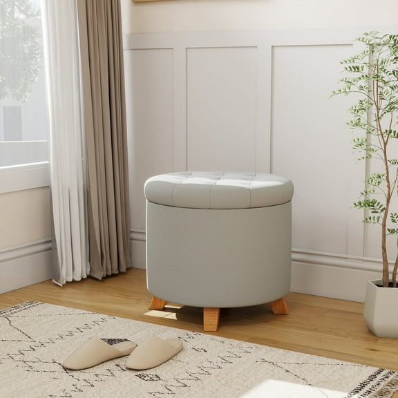 LOGYAT 18" Round Storage Ottoman, Small Foot Rest with Hidden Storage and Removable Top, Modern Fabric Foot Stool with Legs, for Living Room, Bedroom, Entryway, Gray