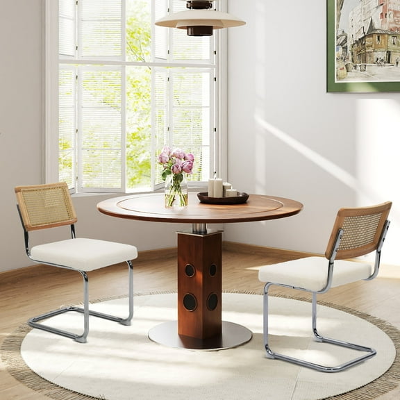 LOGYAT Modern Dining Chairs Set of 2, Rattan Cane Back Kitchen Chair with Chrome Metal Base, Mid Century Dinning Room Chairs, Upholstered Boucle Seat, White