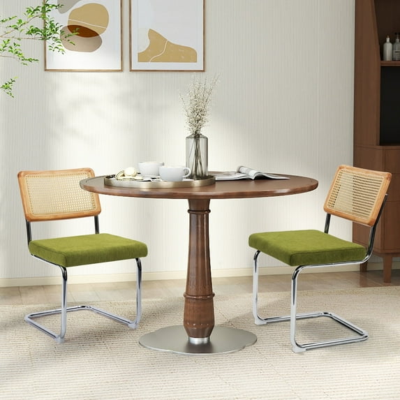 LOGYAT 2-Pack Modern Dining Chairs Set, Handwoven Rattan Back with Chrome Metal Base, Padded Cotton Fabric Seat, Ideal for Kitchen Dining Room, Green