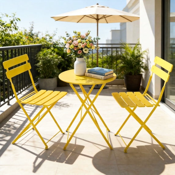 LOGYAT 3-Piece Patio Bistro Set, Folding Table & 2 Chairs, Space-Saving, Outdoor Conversation Furniture for Balcony, Garden, Patio, Yellow