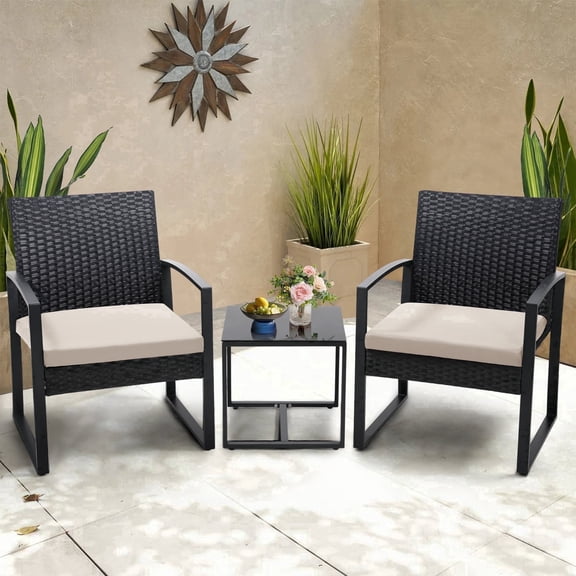 LOGYAT 3 Piece Wicker Patio Bistro Set, All-Weather Rattan Conversation Set with Glass Top Coffee Table, Perfect for Balcony, Porch, Poolside, Black Frame with Beige Cushion