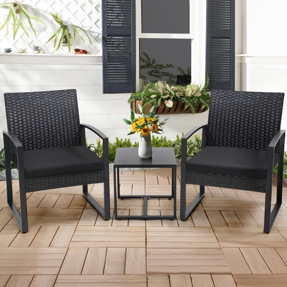LOGYAT 3 Piece Wicker Patio Bistro Set, All-Weather Rattan Conversation Set with Glass Top Coffee Table, Perfect for Balcony, Porch, Poolside, Black Frame with Black Cushion