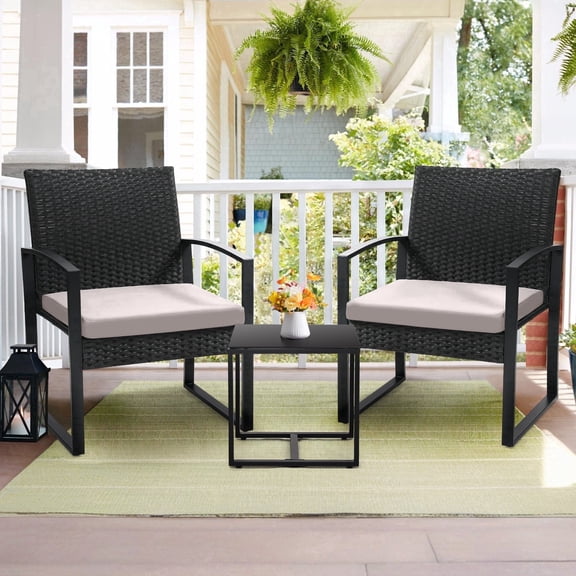 LOGYAT 3 Piece Wicker Patio Bistro Set, All-Weather Rattan Conversation Set with Glass Top Coffee Table, Perfect for Balcony, Porch, Poolside, Black Frame with Grey Cushion