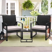 LOGYAT 3 Piece Wicker Patio Bistro Set, All-Weather Rattan Conversation Set with Glass Top Coffee Table, Perfect for Balcony, Porch, Poolside, Black Frame with 