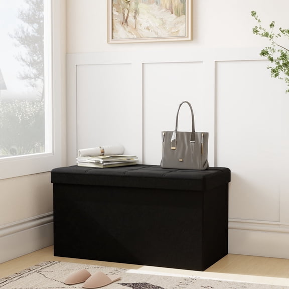 LOGYAT 31.5" Folding Storage Ottoman Bench for Living Room and Bedroom, Ottoman with Hidden Storage, End of Bed Foot Rest Stools, Holds up to 660lbs, Synthetic Leather, Black