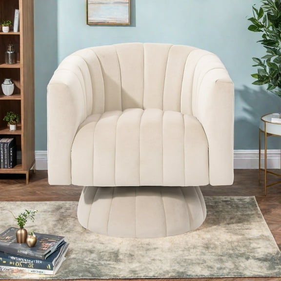 LOGYAT 360° Swivel Barrel Chair, Mid Century Velvet Accent Chair with Armrests, Overstuffed Tufted Design for Living Room, Bedroom, Beige