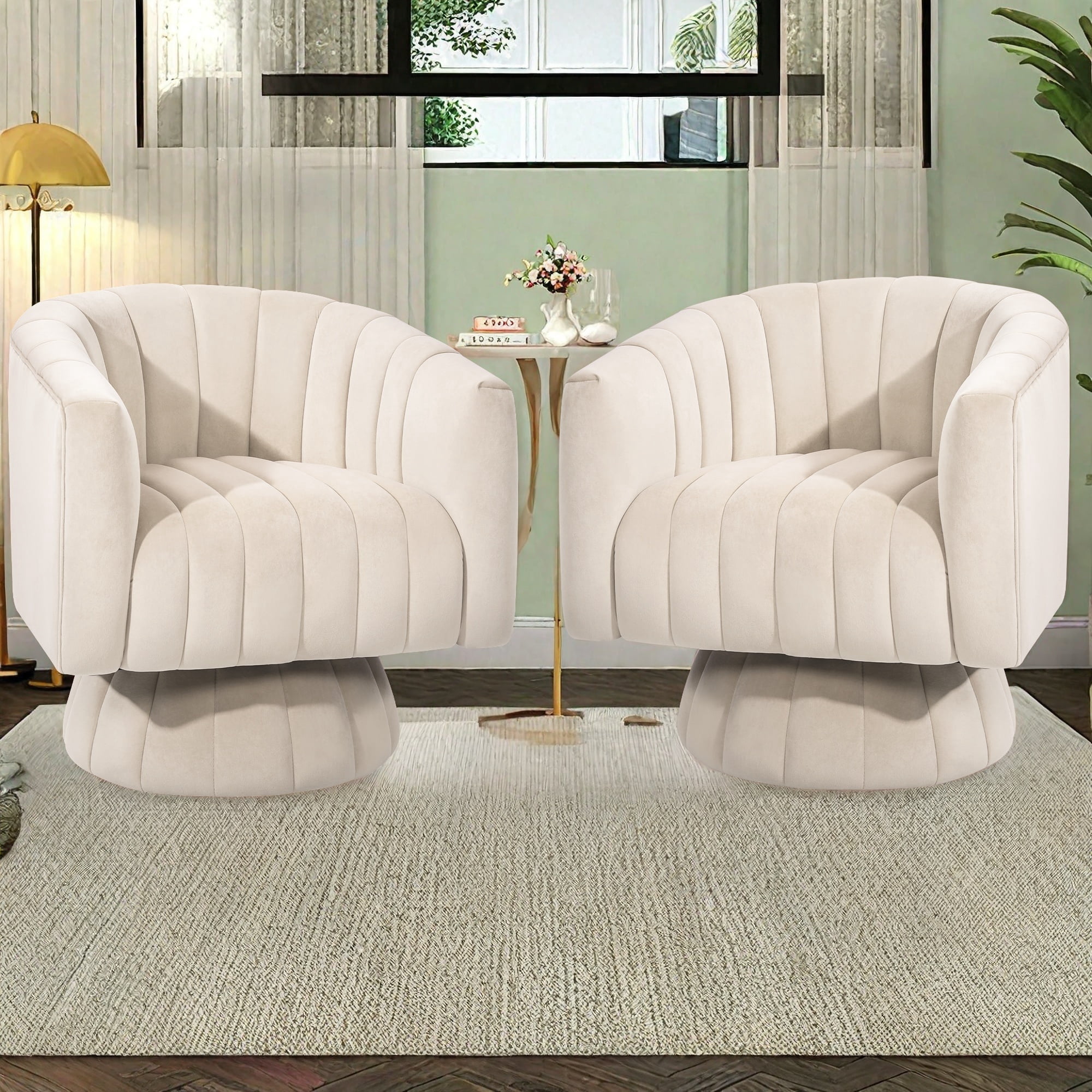 LOGYAT 360° Swivel Barrel Chair, Set of 2, Mid Century Velvet Accent Chair with Armrests, Overstuffed Tufted Design for Living Room, Bedroom, Beige