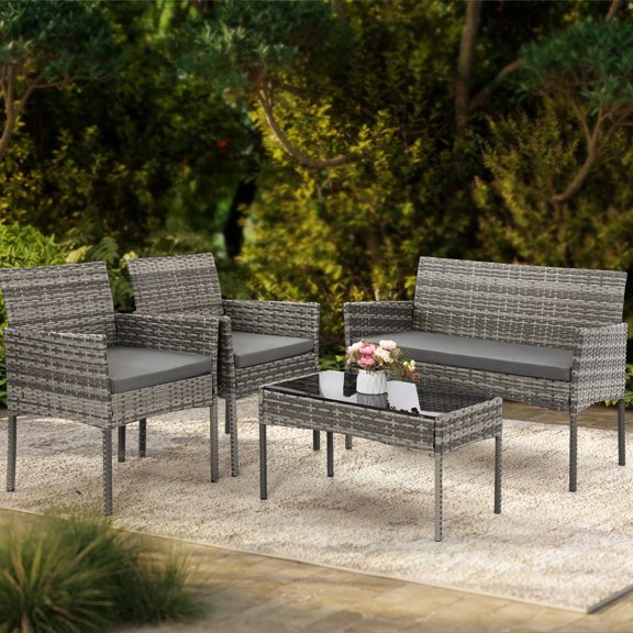 LOGYAT 4 Piece Patio Furniture Set Outdoor, All-Weather Wicker Bistro with Loveseat & 2 Chairs, Extra Long Coffee Table, Boho Rattan Conversation Set for Garden, Balcony, Porch, Grey