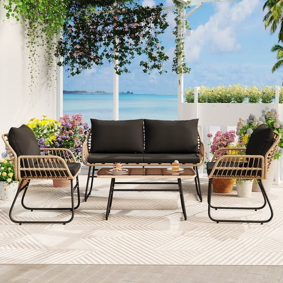 LOGYAT 4 Piece All Weather Patio Bistro Set, Wicker Sofa, 2 Rattan Chairs, and Table, Outdoor Conversation Set with Weatherproof Cushions, Natural Rattan Black Cushion
