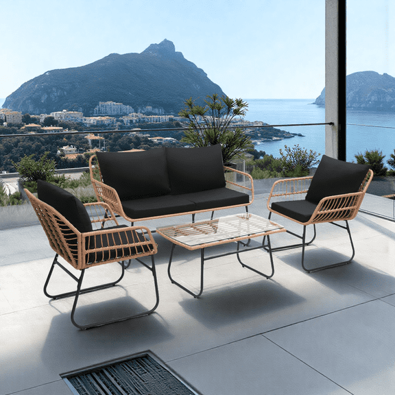 LOGYAT 4 Piece All Weather Patio Bistro Set, Wicker Sofa, 2 Rattan Chairs, and Table, Outdoor Conversation Set with Weatherproof Cushions, Natural Rattan Black Cushion