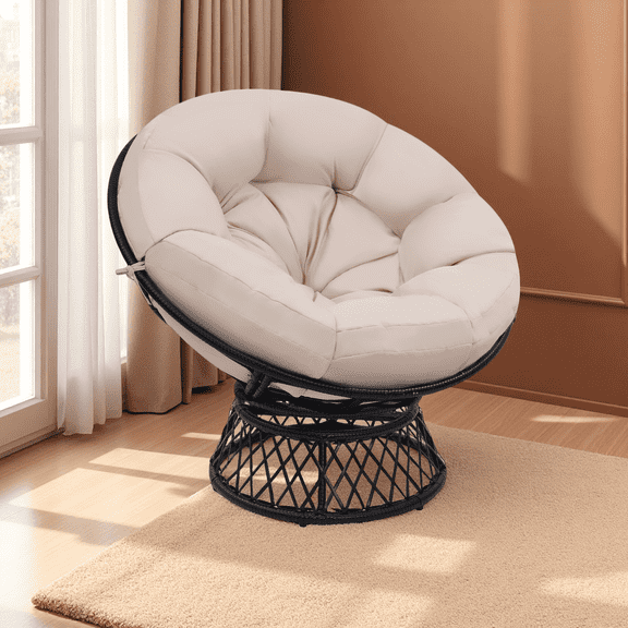LOGYAT 46" Oversized Rattan Papasan Chair with Cushion, 360° Swivel, Waterproof & Sturdy Frame, Comfortable Chair for Adults, for Indoor, Bedroom, Black Frame with Beige Cushion