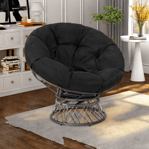 LOGYAT 46" Oversized Rattan Papasan Chair with Cushion, 360° Swivel, Waterproof & Sturdy Frame, Comfortable Chair for Adults, for Indoor, Bedroom, Grey Frame with Black Cushion
