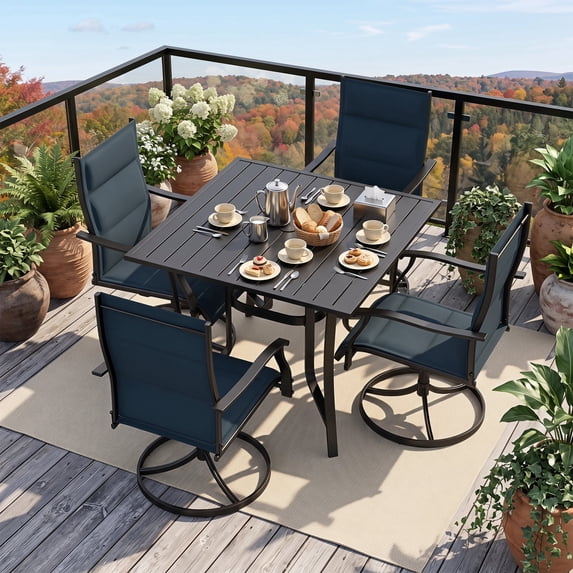 LOGYAT 5 Piece Outdoor Dining Set, 4 Swivel Rocking Mid Back Textilene Chairs, Black Square Metal Patio Table with Umbrella Hole, All Weather Outdoor Patio Furniture for Garden & Backyard