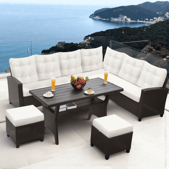 LOGYAT 6 Piece All Weather Outdoor Sectional Set, with 2 Sofas, 2 Ottomans with 1 Table, Patio Conversation Furniture for Deck, Garden, Brown Wicker and Beige Cushions