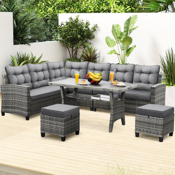 LOGYAT 6 Piece All Weather Outdoor Sectional Set, with 2 Sofas, 2 Ottomans with 1 Table, Patio Conversation Furniture for Deck, Garden, Gray Wicker and Gray Cushions