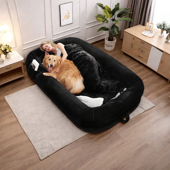 LOGYAT Cozy Human Dog Rest Bed, 71"x43"x10" Orthopedic Memory Foam with Soft Bolster, Washable Plush Cover Non-Slip Base and Side Storage Pocket for Adults and Pets, Black