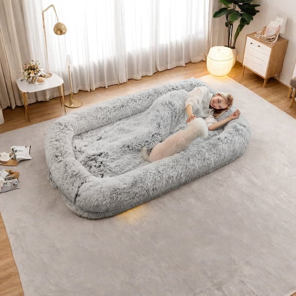 KROFEM Giant Plush Human Dog Bed 76"x46"x10", Orthopedic Memory Foam with Thick Bolster, Washable Cover Non-Slip Base and Storage Pocket for Adults and Pets, Light Grey