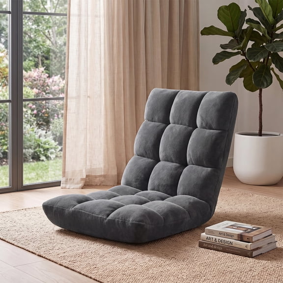 LOGYAT Floor Chair with Back Support for Adults, 14 Positions Velvet Floor Seat, Dark Gray