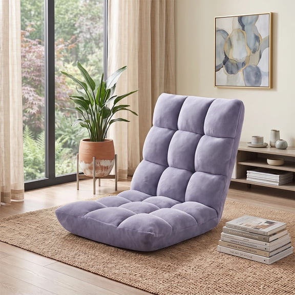 LOGYAT Floor Chair with Back Support for Adults, 14 Positions Velvet Floor Seat, Light Gray