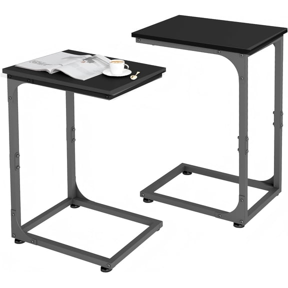 LOGYAT C Shaped Side Table Set of 2, Small Sofa Table, End Table for Couch, with Adjustable Feet, Metal Frame, for Living Room, Bedroom, Black