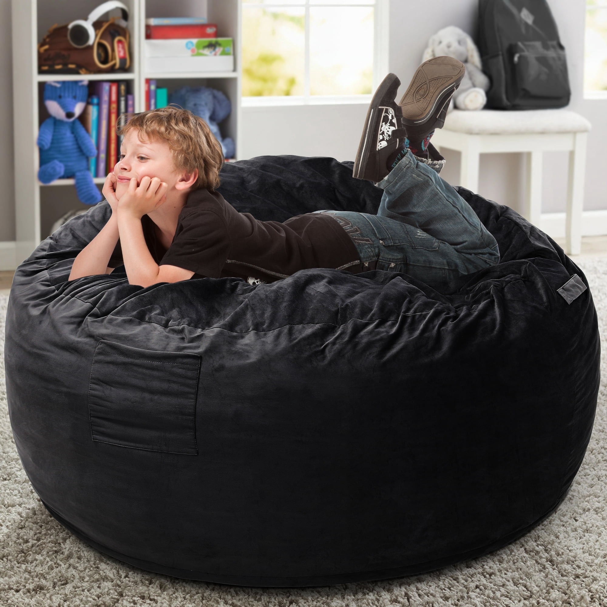 LOGYAT Extra Large 3.5ft Bean Bag Chair, Memory Foam Filling, Washable Suede Cover, Reinforced Zipper, for Kids, Teens, Adults, Black