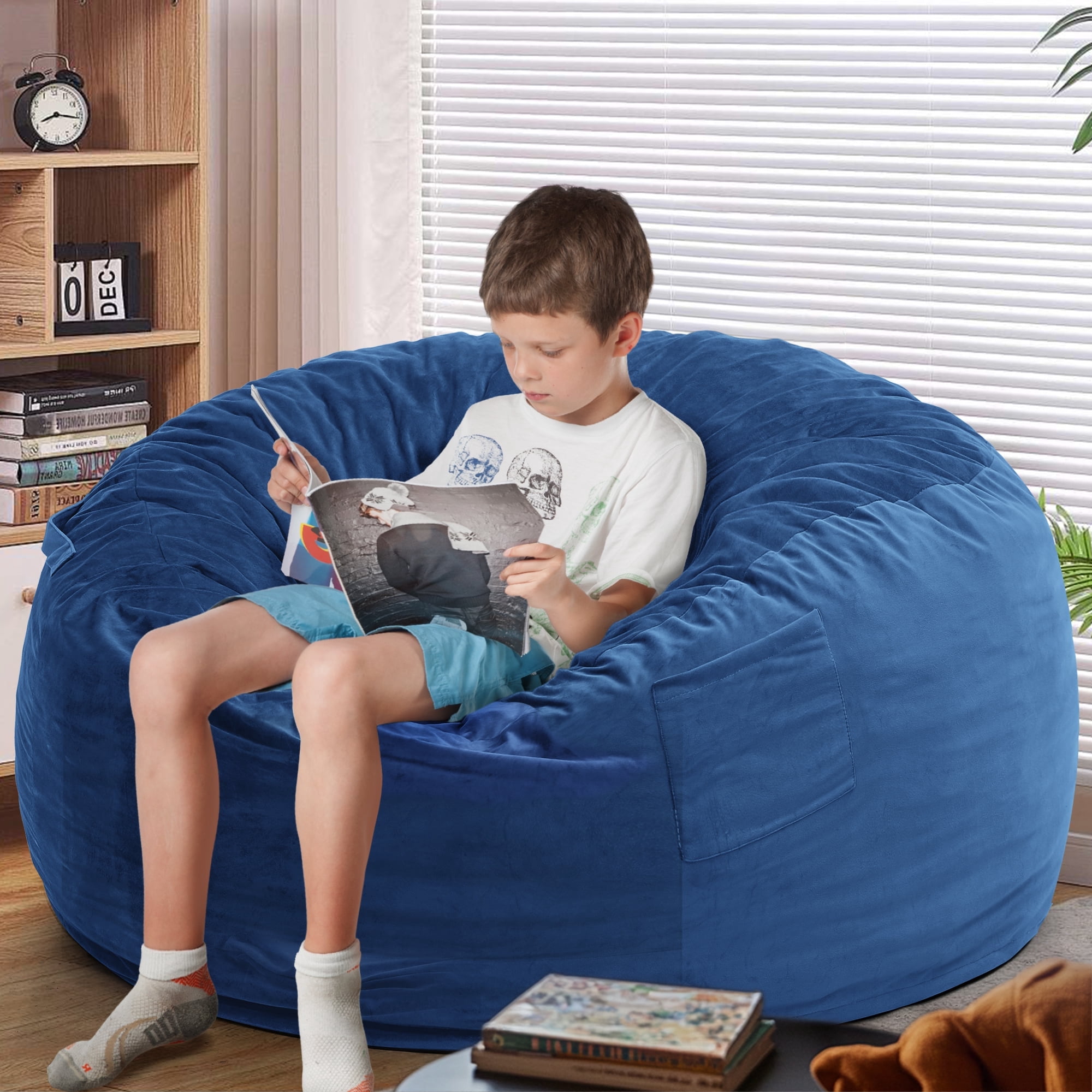 LOGYAT Extra Large 3.5ft Bean Bag Chair, Memory Foam Filling, Washable Suede Cover, Reinforced Zipper, for Kids, Teens, Adults, Blue