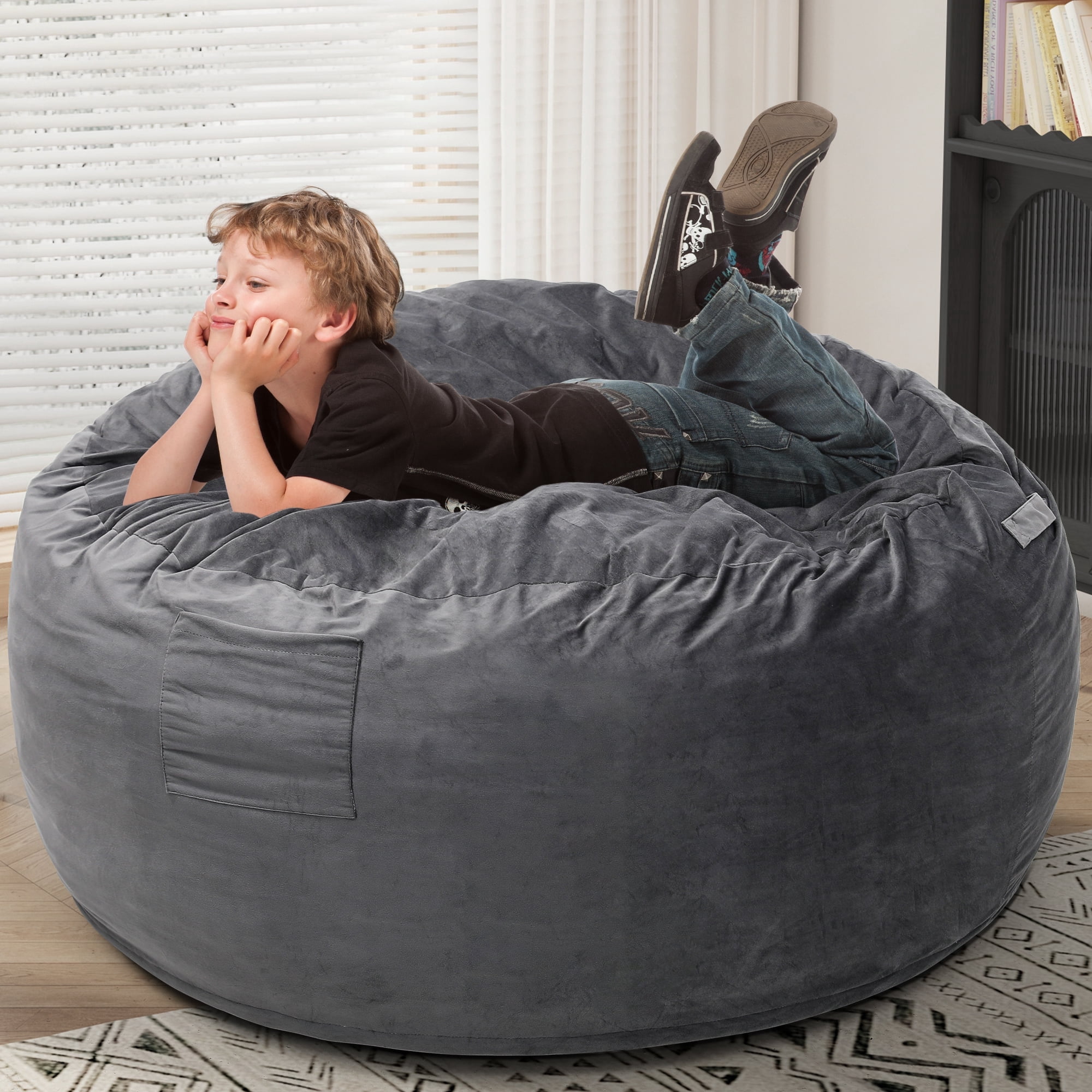 LOGYAT Extra Large 3.5ft Bean Bag Chair, Memory Foam Filling, Washable Suede Cover, Reinforced Zipper, for Kids, Teens, Adults, Dark Gray