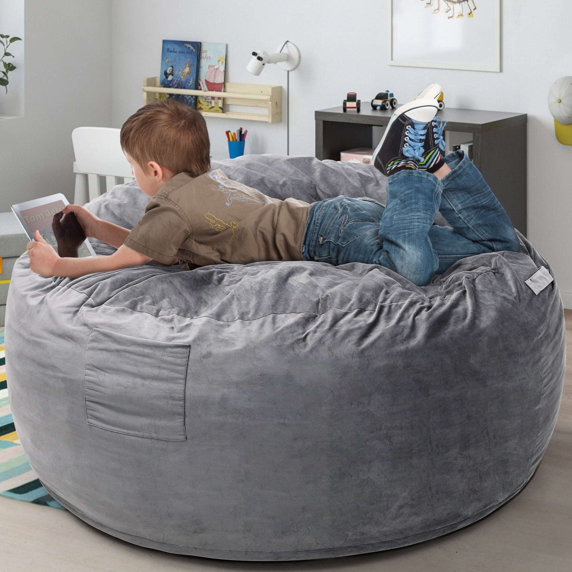 LOGYAT Extra Large 3.5ft Bean Bag Chair, Memory Foam Filling, Washable Suede Cover, Reinforced Zipper, for Kids, Teens, Adults, Light Gray