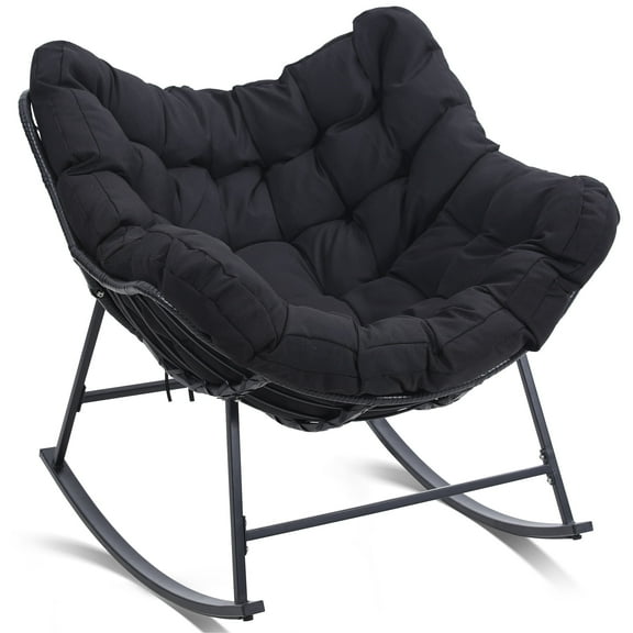 LOGYAT Extra Large Rattan Papasan Rocking Chair, Indoor, Outdoor Wicker Chair with Thick Padded Cushion, Modern Egg Rocker for Patio, Living Room, Black