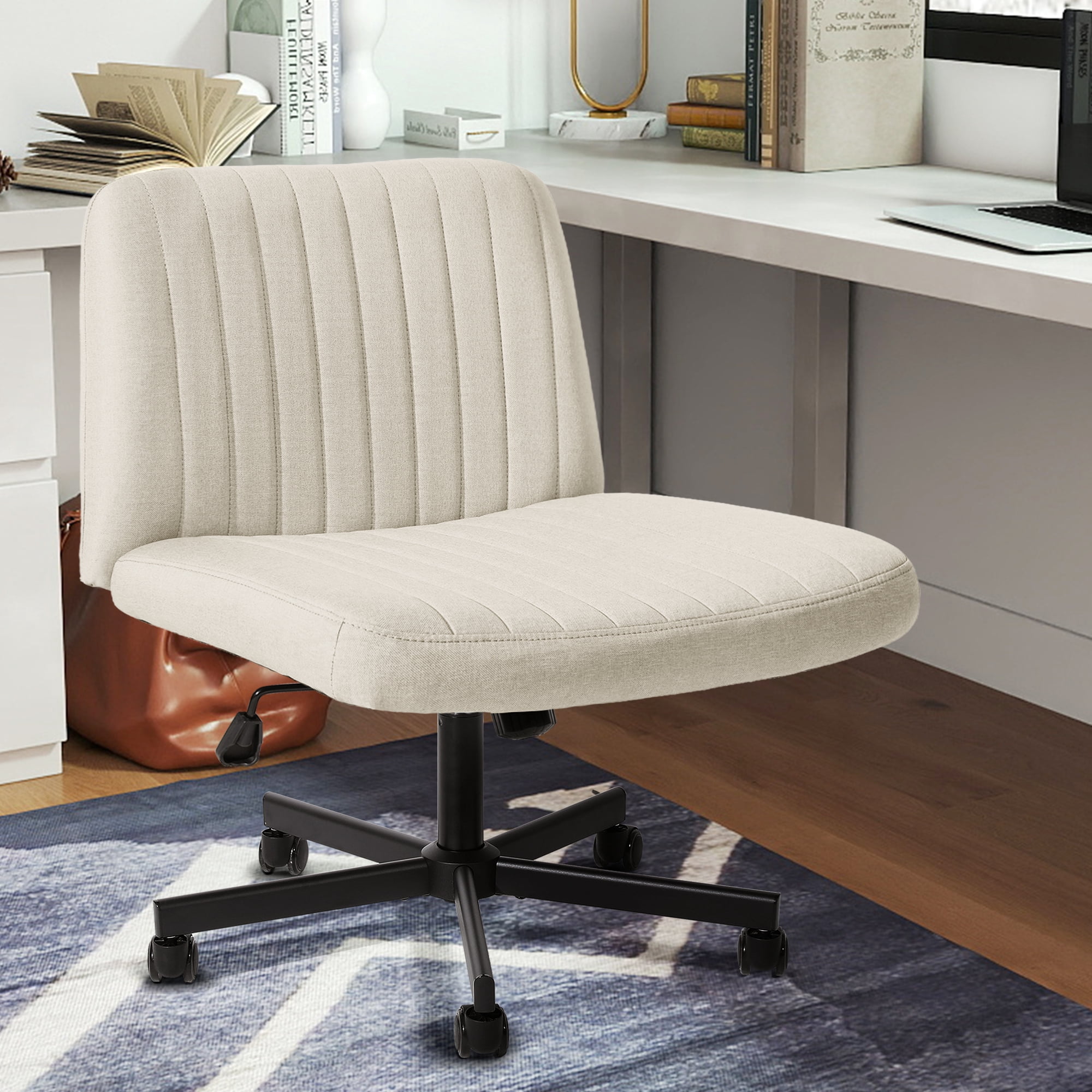LOGYAT Armless Office Desk Chair, Criss Cross Legged Chair with Wheels, Adjustable Height, Wide Seat, Adult Vanity Chair, Beige