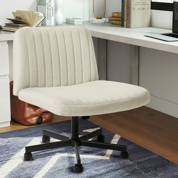 LOGYAT Armless Office Desk Chair, Criss Cross Legged Chair with Wheels, Adjustable Height, Wide Seat, Adult Vanity Chair, Beige