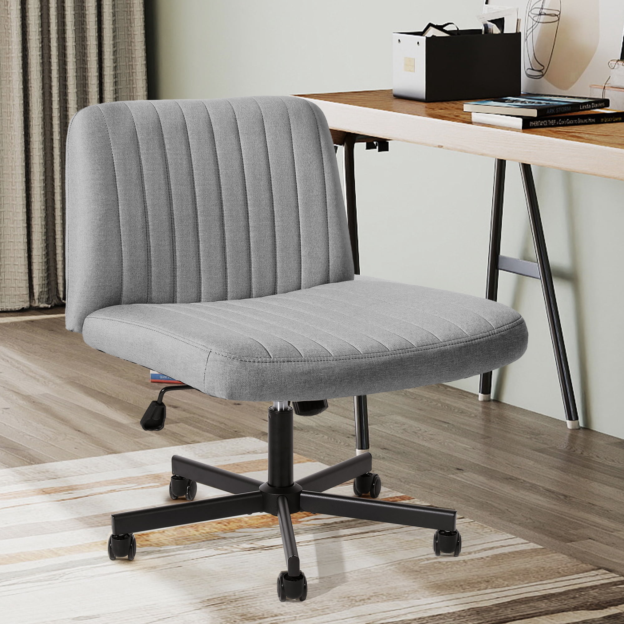 LOGYAT Extra Wide Rolling Desk Chair, Criss Cross Legged Chair, Armless Office Chair with Wheels, Plus Size Vanity Chair for Bedroom, Grey