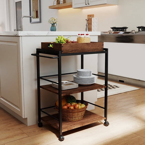 LOGYAT Kitchen Serving Cart with Wheels, Large 3 Tier Rolling Kitchen Utility Cart, with Removable Tray and Towel Rack, Beverage Cart with Metal Frame, for Living Room, Entryway, Walnut