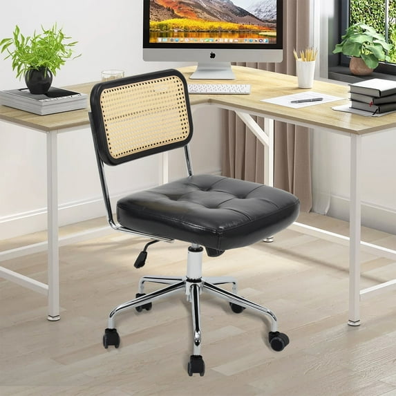 LOGYAT Modern Tiltable Rattan Desk Chairs with Wheels, 360° Swivel Vanity Chair, Height Adjustable, Armless Home Office Desk Chairs, Faux PU Leather, Black