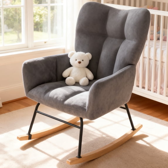 LOGYAT Nursery Rocking Chair, Upholstered Glider Rocker, 440 Lb Capacity Safety Anti Tip Design, High Backrest Deep Seat Padded Cotton for Bedroom Living Room,Gray
