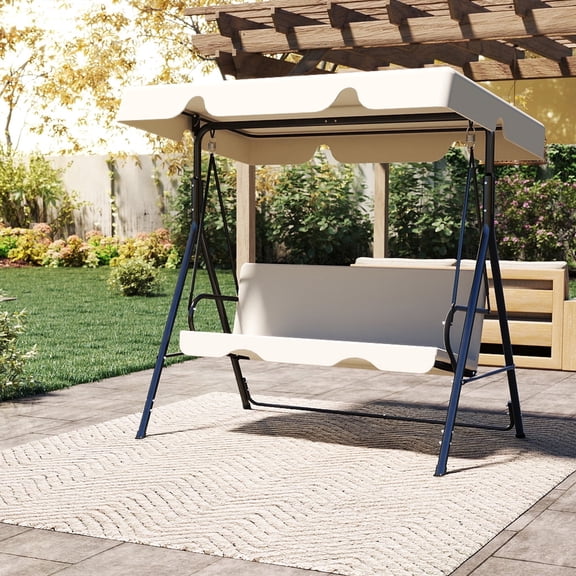 LOGYAT Outdoor Patio Swing Chair for 3 Adults, Heavy Duty Steel Stand, Adjustable Canopy, Porch Swing Glider Bench for Backyard, Garden, Deck, Beige
