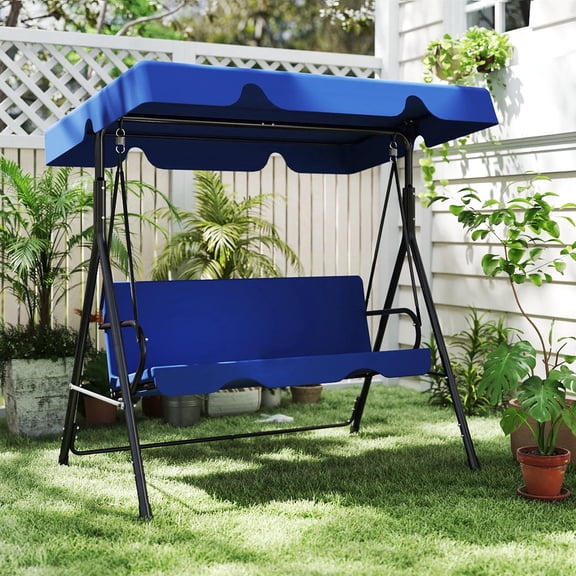 LOGYAT Outdoor Patio Swing Chair for 3 Adults, Heavy Duty Steel Stand, Adjustable Canopy, Porch Swing Glider Bench for Backyard, Garden, Deck, Blue