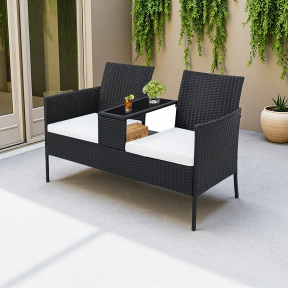LOGYAT Patio Conversation Set Sofa Seat, Outdoor Wicker Loveseat with Glass Top Table & Washable Cushions, All-Weather PE Rattan Sofa for Garden, Balcony, Porch, Black Rattan with White Cushion