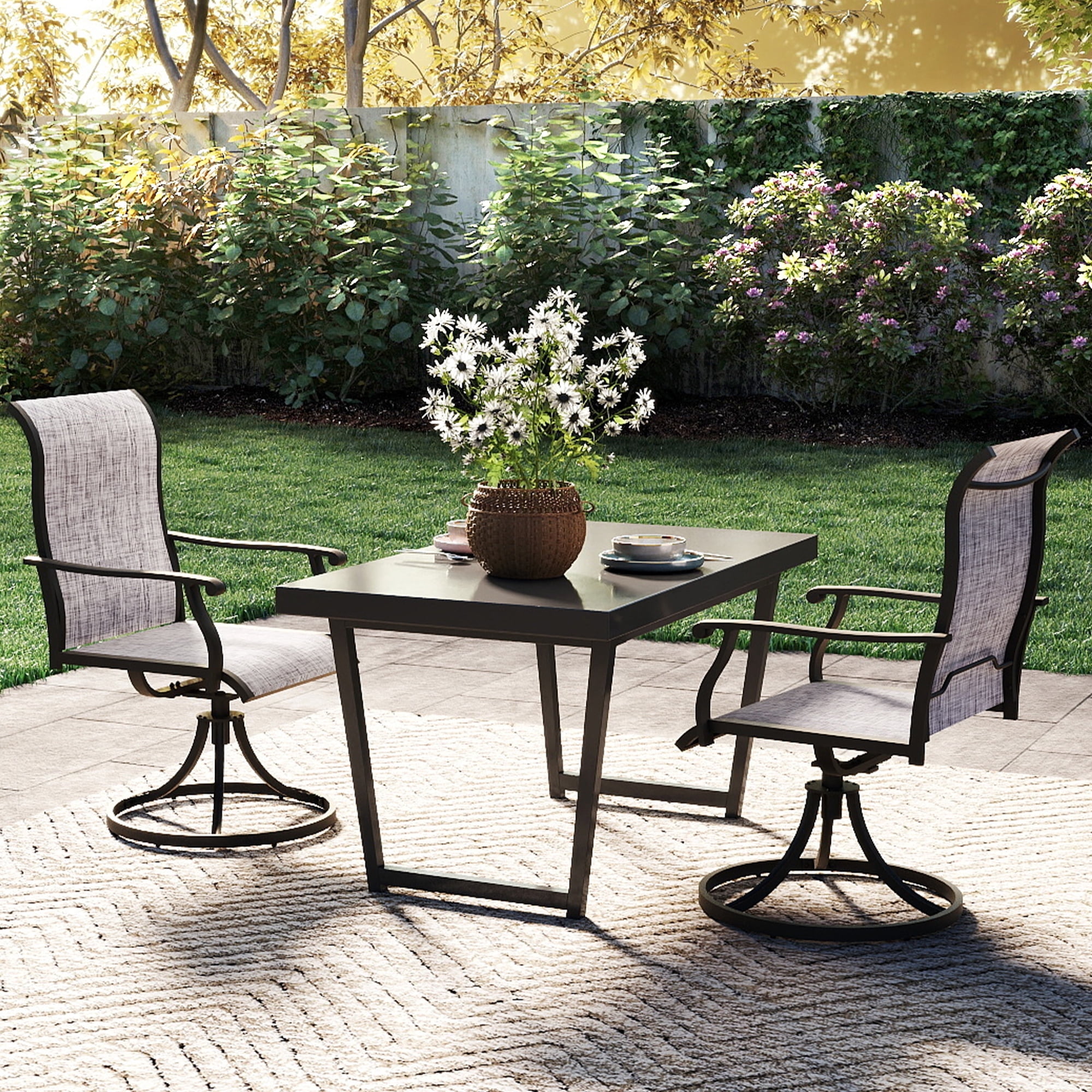 25 Inch Patio Dining Chair, Matte Black Steel Frame, Gray Rope