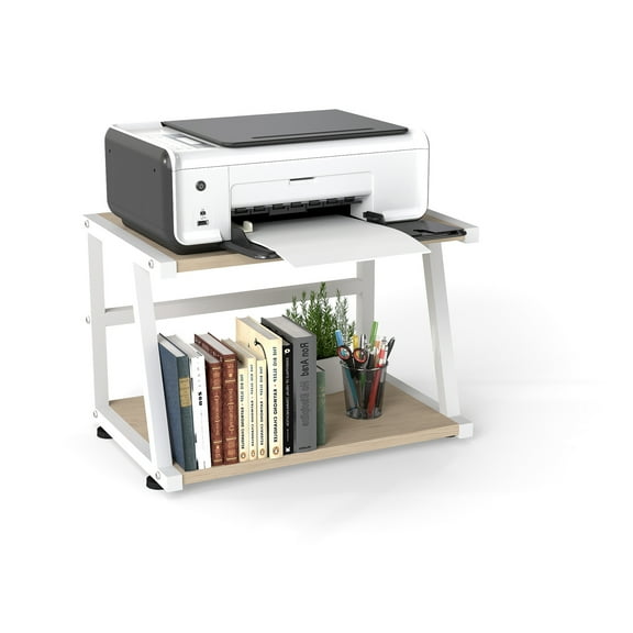 LOGYAT Printer Stand for Desk, 2 Tier Desktop Printer Shelf with Storage, Holder Stand Organizer for Home Office, Light Color
