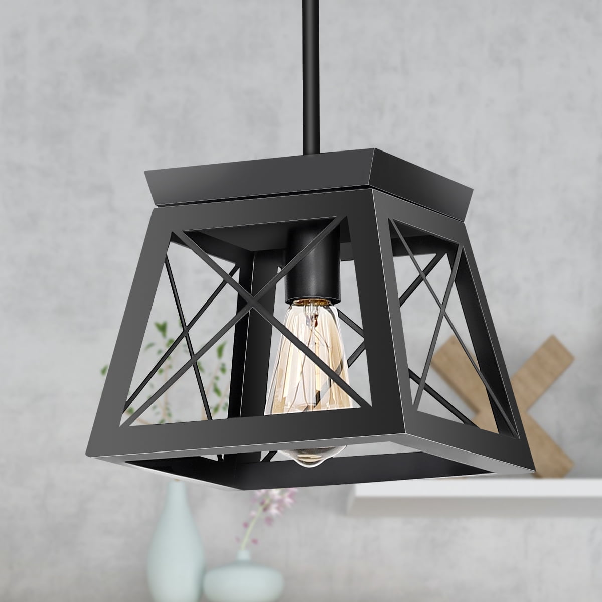 LOHAS 1-Light Matte Black Farmhouse Pendant Light,Industrial Hanging Lighting with Adjustable ...