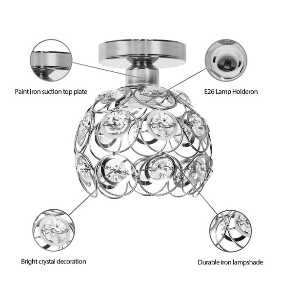 LOHASLED 1-Light Modern Flush Mount LED Ceiling Light Fixture,Chrome Romantic Crystal Chandelier Lighting, Celling Lamp for Bedroom,Bathroom,Hallway,Living Room