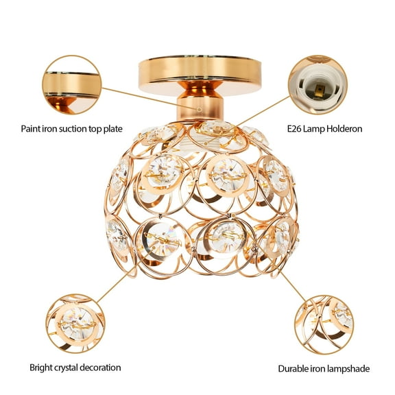 LOHASLED 1-Light Semi Flush Mount in Gold Finish, Antique Metal Crystal Ceiling Light Fixture, Indoor Lighting for Bathroom Foyer Hallway