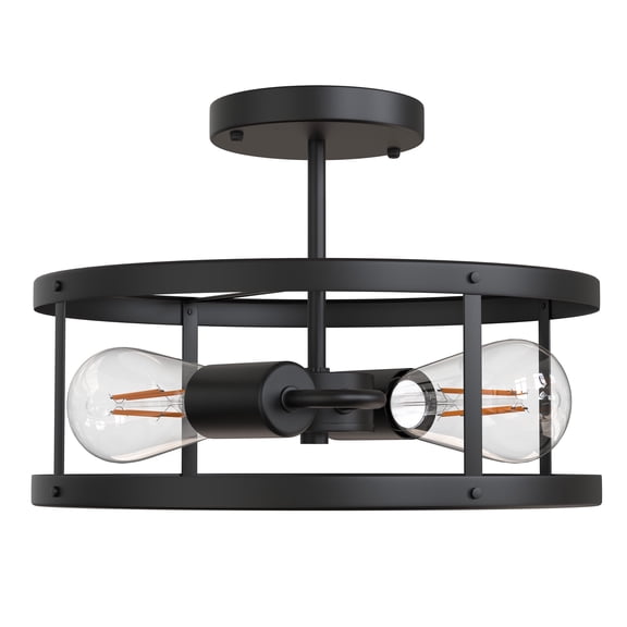 LOHASLED 13 in. 2-Light Matte Black Pendant Light, Drum Flush Mount Light for Bedroom Living Room